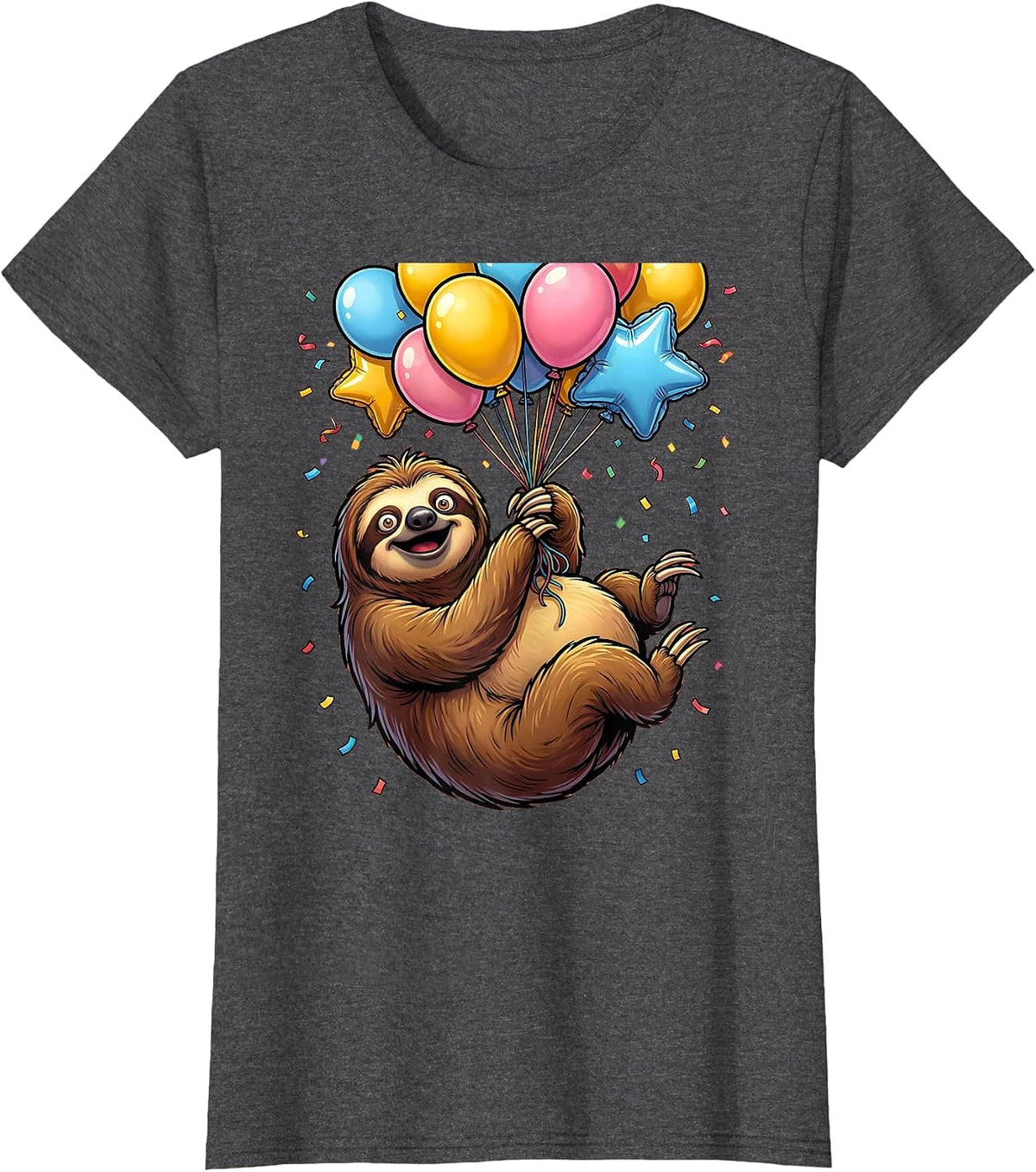 Women's Sloth Birthday Balloon Ride Graphic Design T-Shirt - Dark Heather Grey