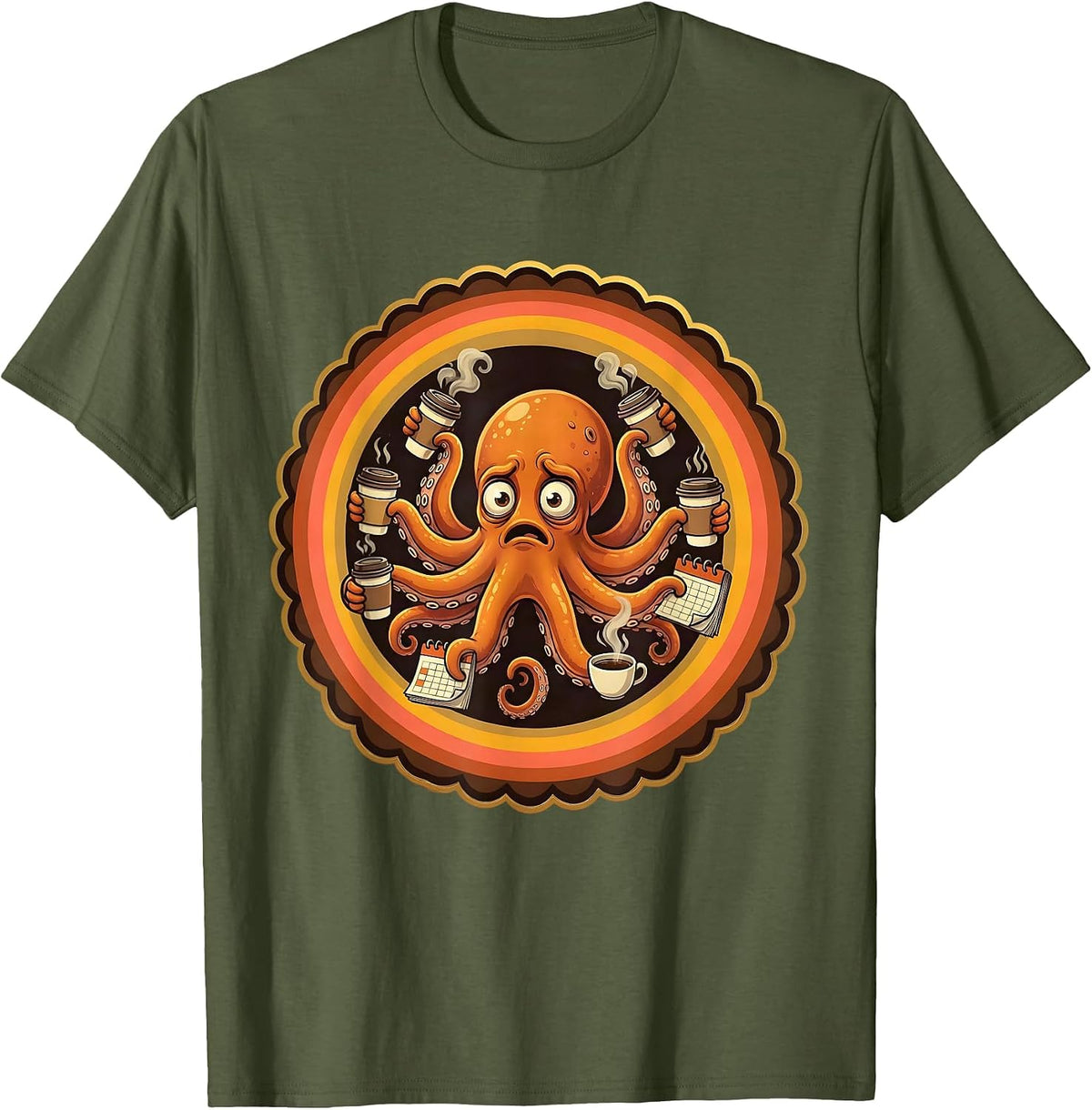 Stressed Octopus Juggling Coffee and Calendars T-Shirt - Olive Green