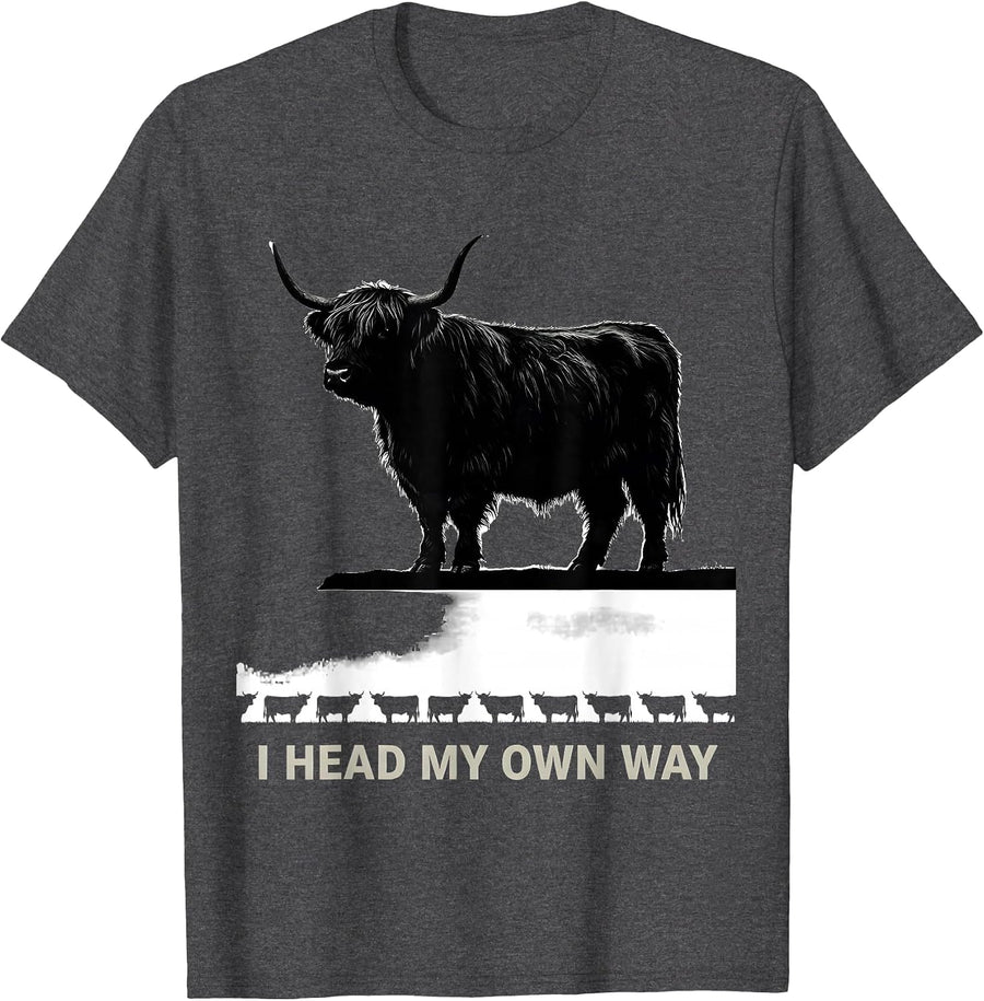 Men's I Head My Own Way Funny Highland Cow Farm Humor Silly Farm T-Shirt - Dark Heather Grey