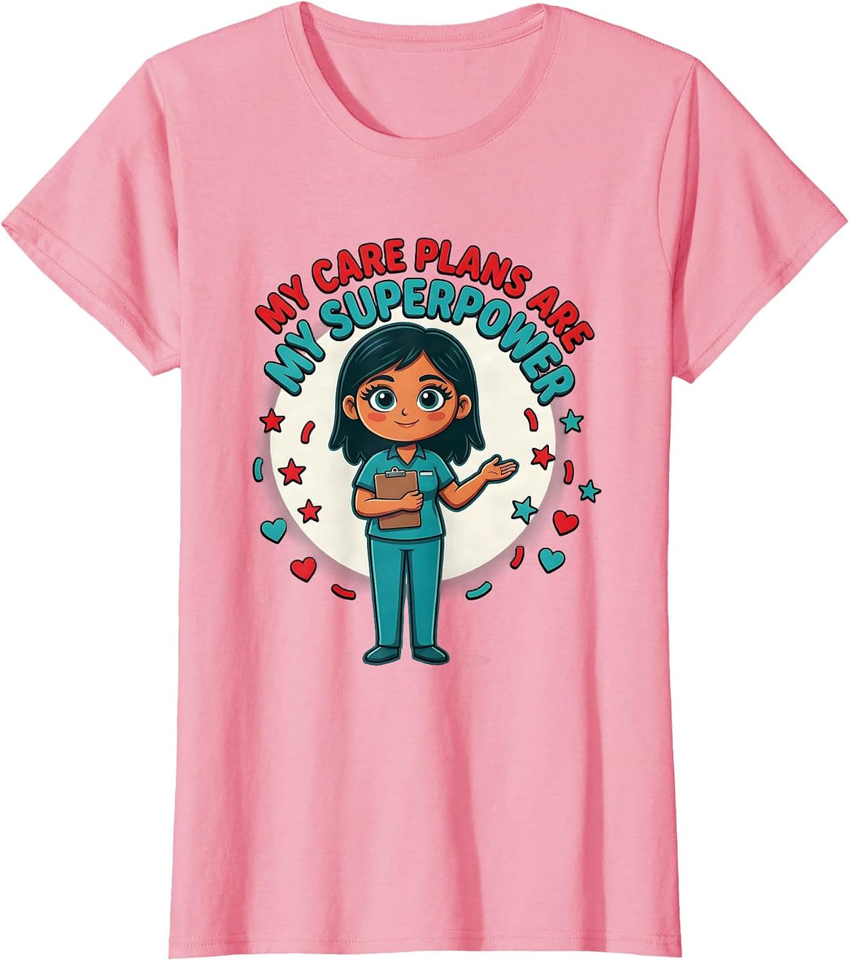 Women's MY CARE PLANS ARE MY SUPERPOWER Cartoon Social Worker T-Shirt - Pink