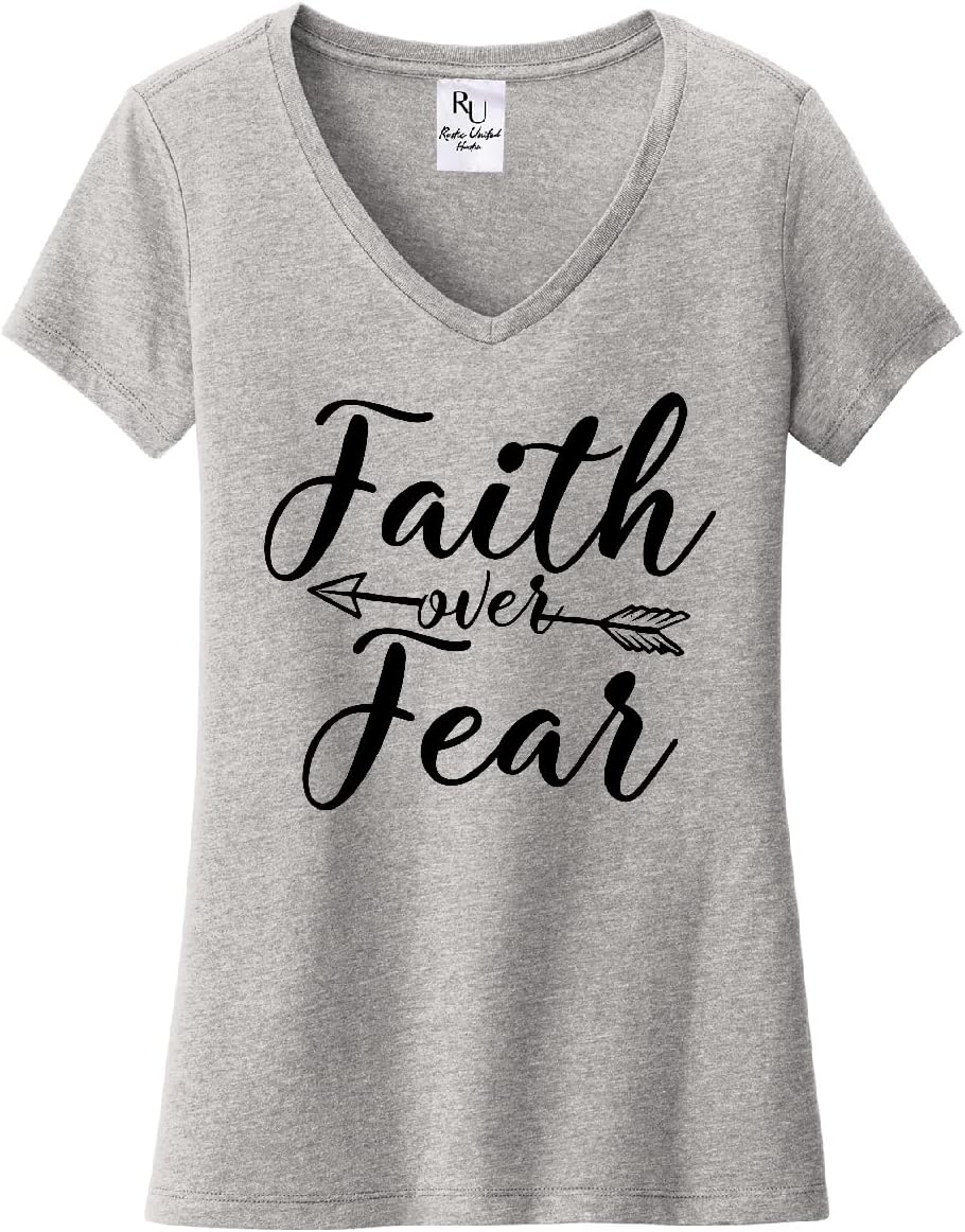 Faith Over Fear T-Shirt Casual Short Sleeve Vneck Women Spiritual Graphic Tees - Heather Light Grey