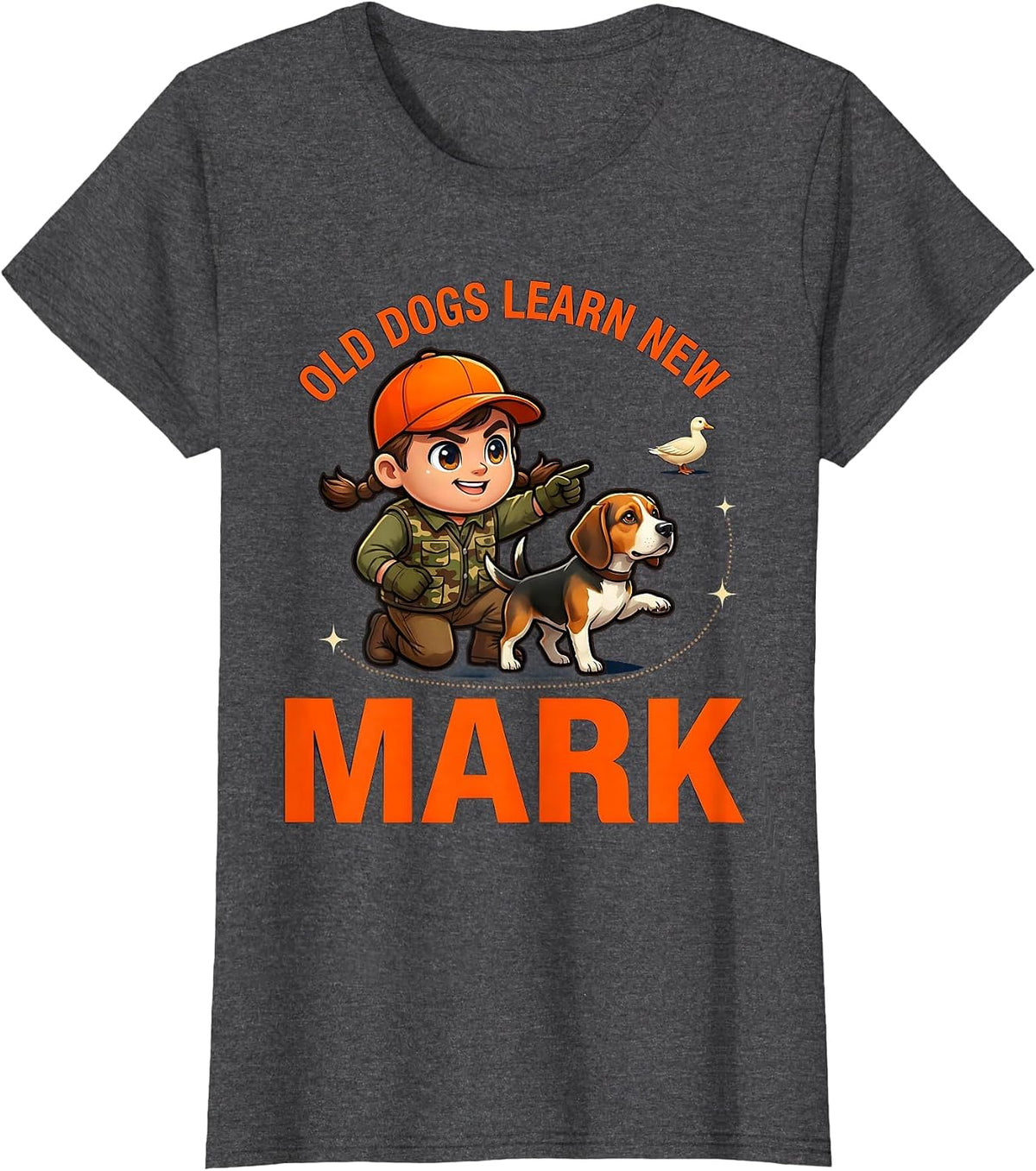 Women's OLD DOGS LEARN NEW MARK Funny Gun Dog Hunter Upland Hunting T-Shirt - Dark Heather Grey
