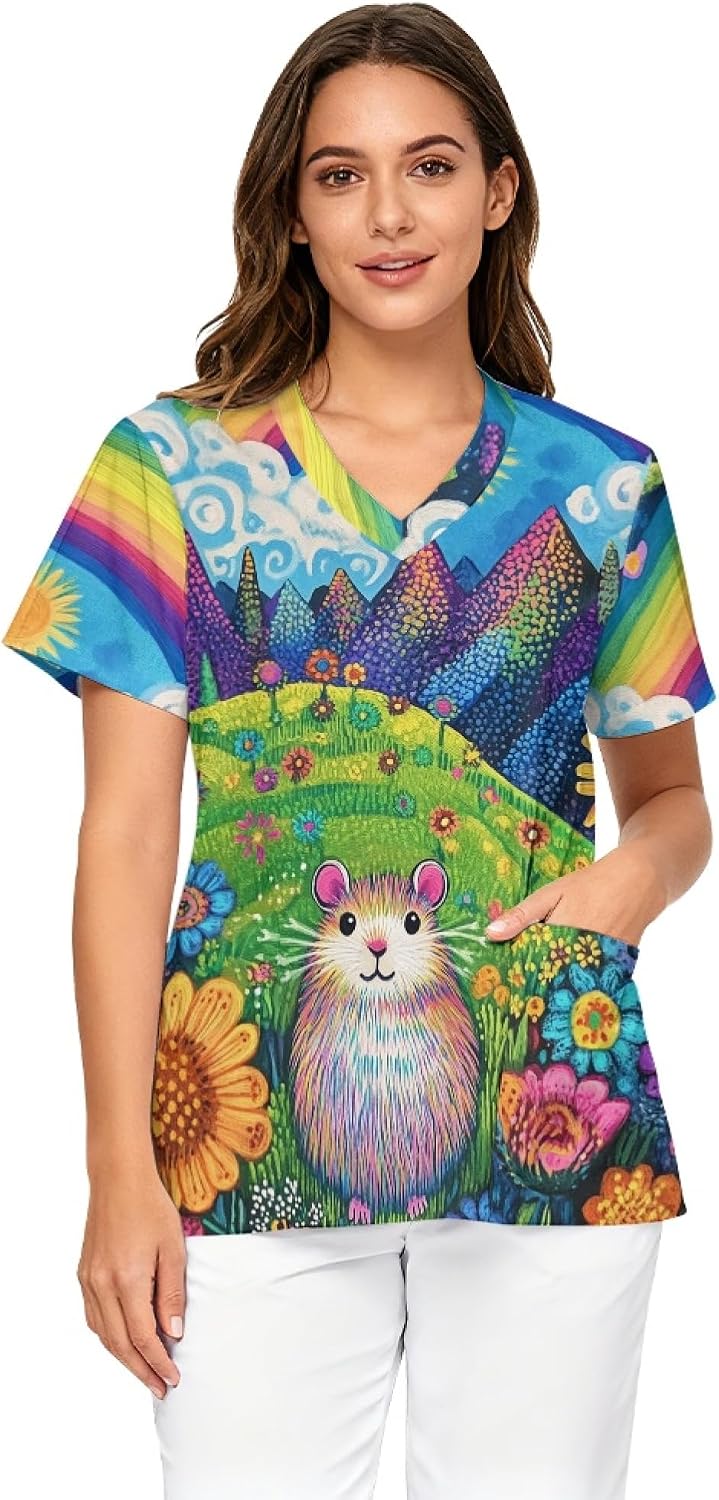 Hawapod Medical Work Top V Neck Short Sleeve Scrub tee for Women - Hamster Flower