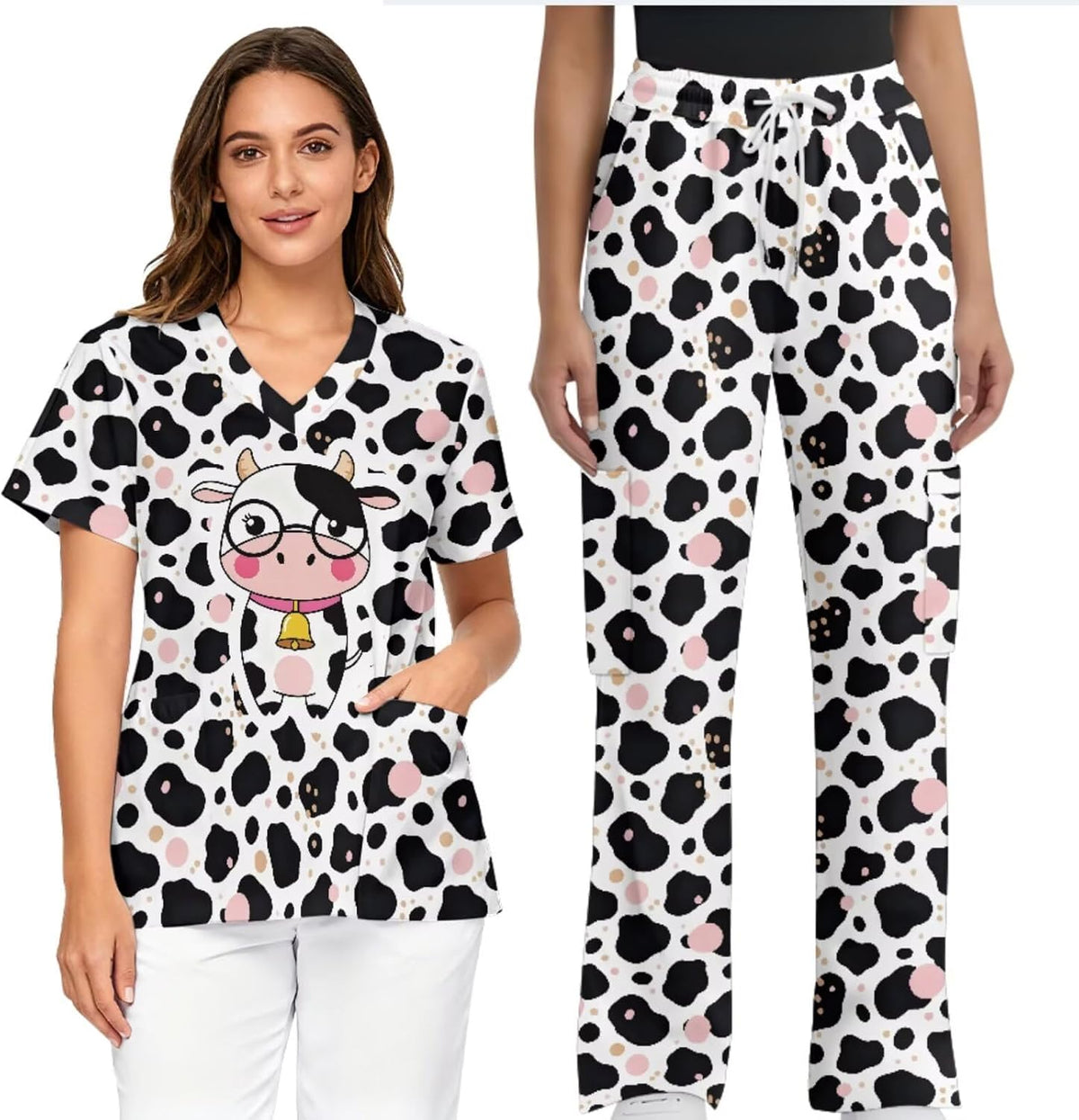Women's Scrubs Set with Scrub Pants Cute Stretch V Neck Tops Soft Casual Nurse Uniform With Pocket Slim Fit - Cow Texture