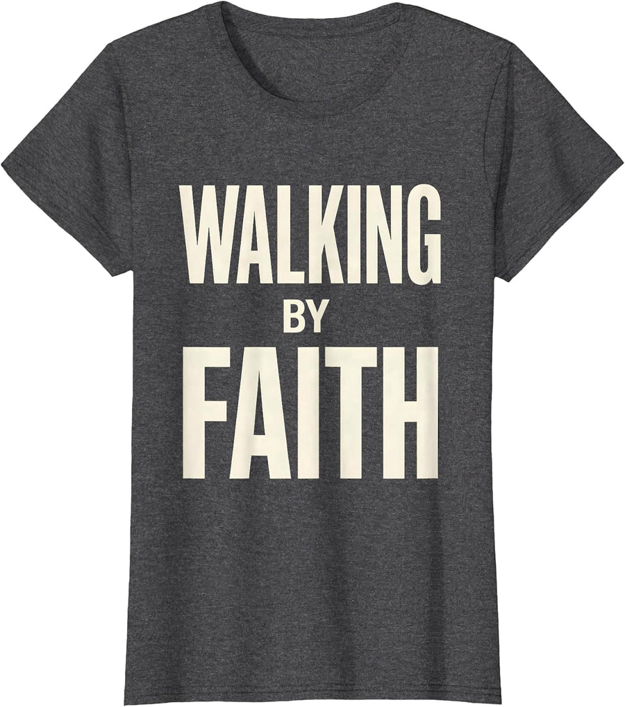 Women's Walking by Faith Over Fear Inspirational Design T-Shirt - Dark Heather Grey