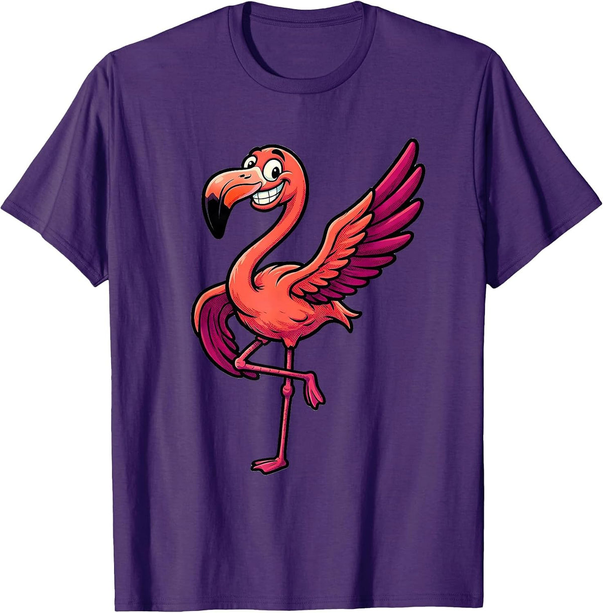Retro Cartoon Grinning Flamingo Animal Humor T-Shirt - Purple