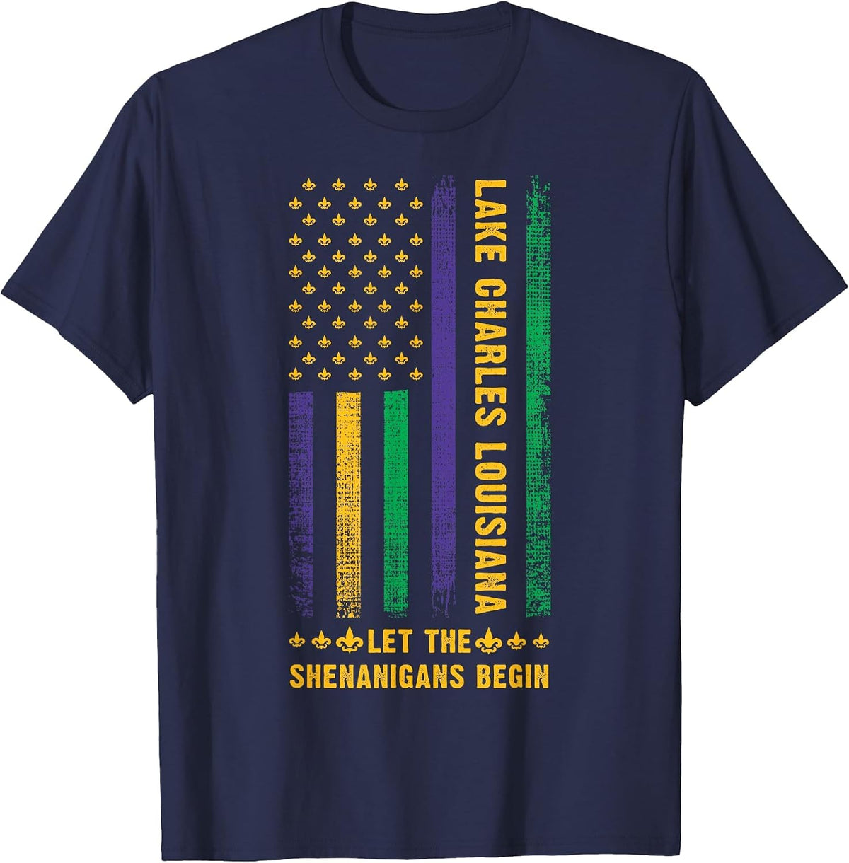 Mardi Gras Lake Charles Louisiana Fleur-De-Lis American Flag T-Shirt - Navy Blue