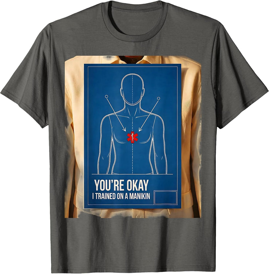 You're Okay, I Trained On A Manikin Funny EMT Paramedic Gift T-Shirt - Asphalt Grey