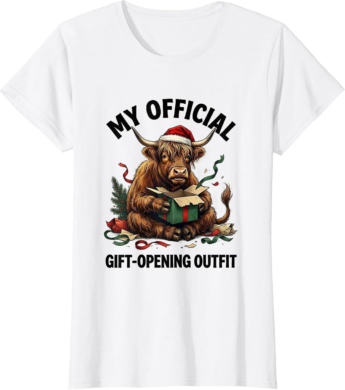 Women's My Official Gift-Opening Outfit Funny Highland Cow Christmas T-Shirt - White