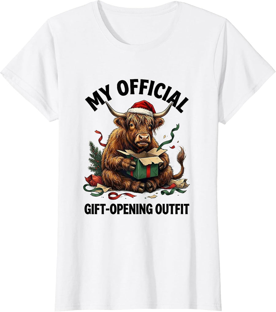 Women's My Official Gift-Opening Outfit Funny Highland Cow Christmas T-Shirt - White