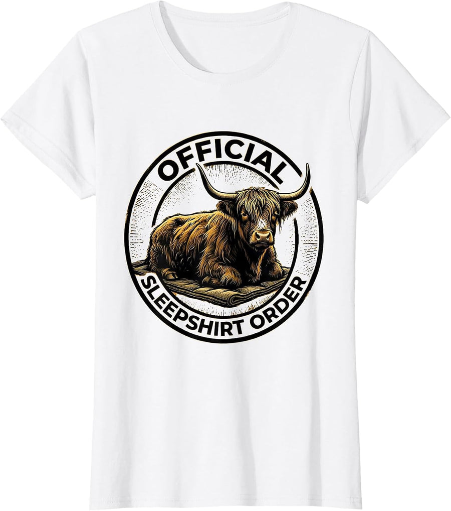 Women's Official Sleepshirt Order Highland Cow Cozy Farm Animal T-Shirt - White