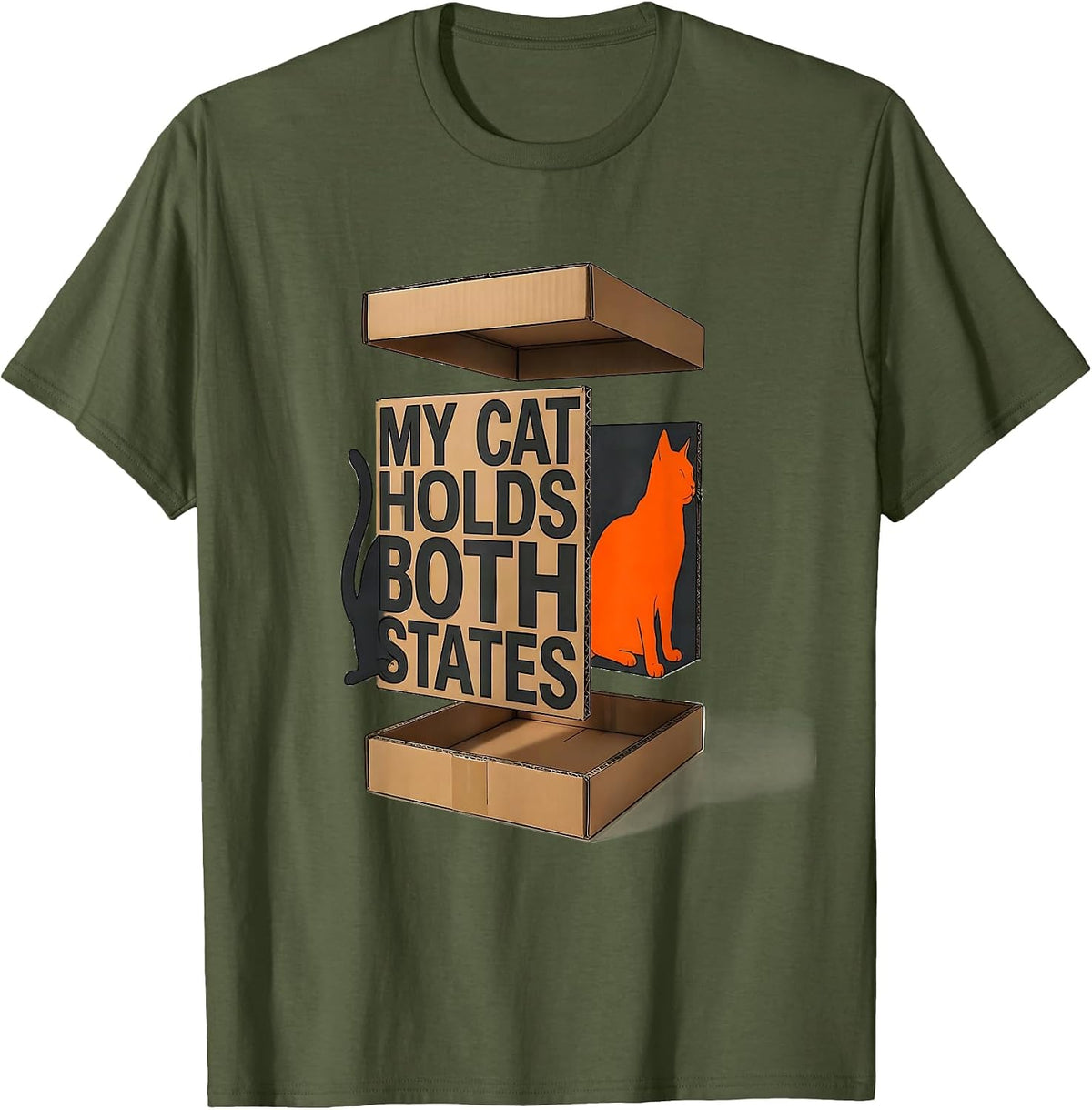 My Cat Holds Both States Funny Quantum Physics Cat Lover T-Shirt - Olive Green