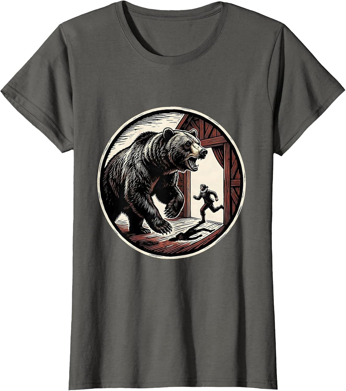 Women's Charging Bear Linocut Theatre Humor Shakespeare Fan T-Shirt - Asphalt Grey