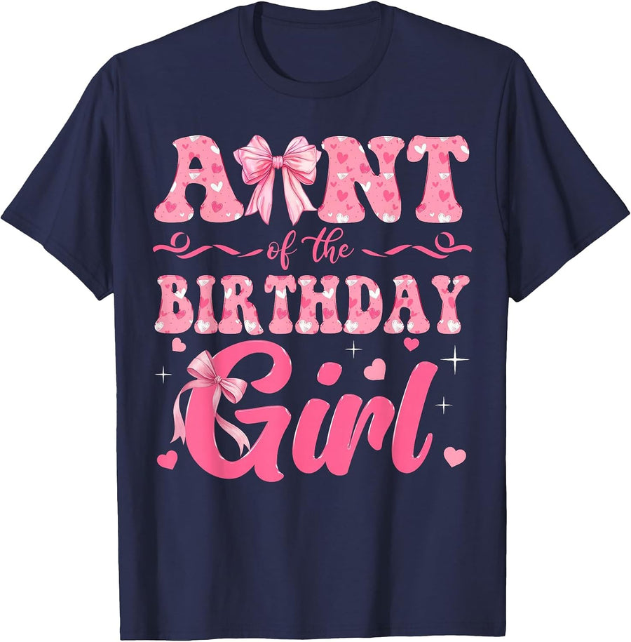 Aunt of The Birthday Girl Family Pink Coquette Bow T-Shirt - Navy Blue