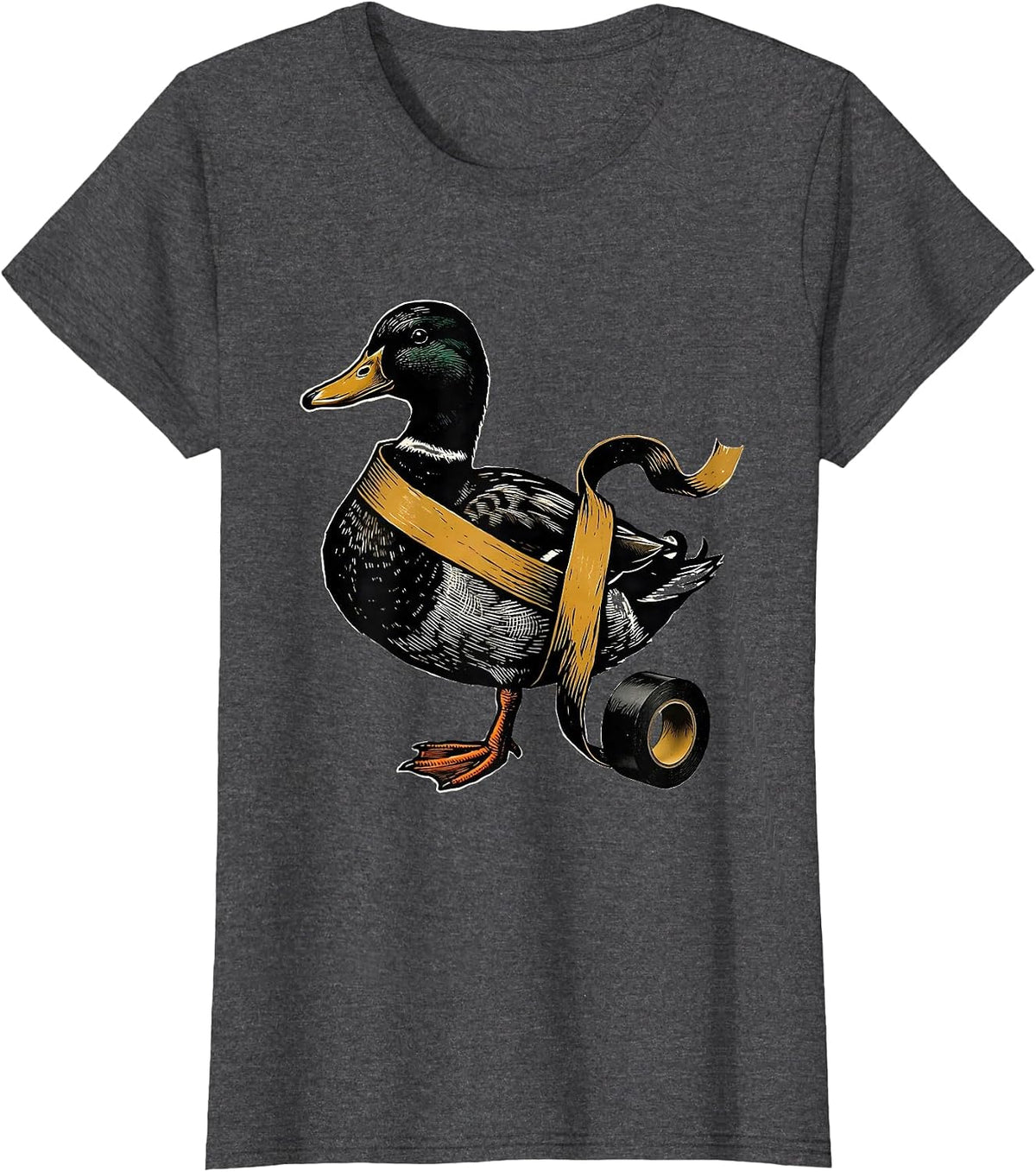 Women's Duck Tape Humor Linocut Funny Novelty Gift T-Shirt - Dark Heather Grey