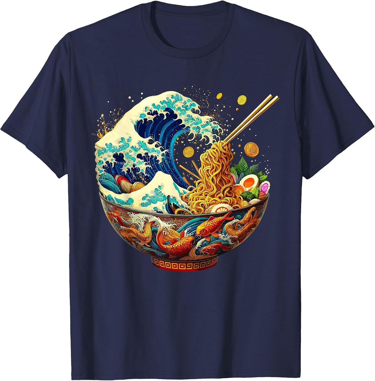 Japanese Kanagawa Wave Ramen Retro Anime Noodles T-Shirt - Navy Blue