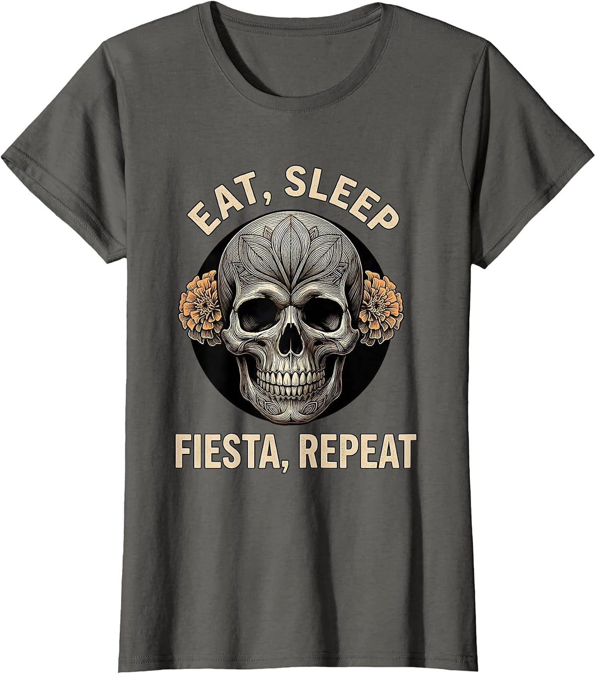 Women's Eat Sleep Fiesta Repeat Mexico Celebration Design T-Shirt - Asphalt Grey