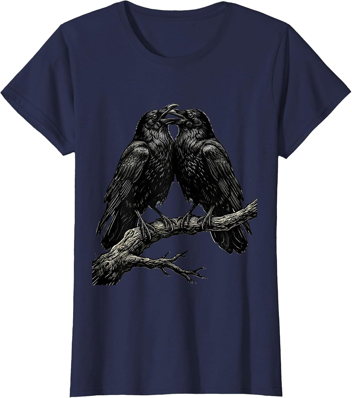 Women's Two Crows Facing Off on a Branch Illustration T-Shirt - Navy Blue