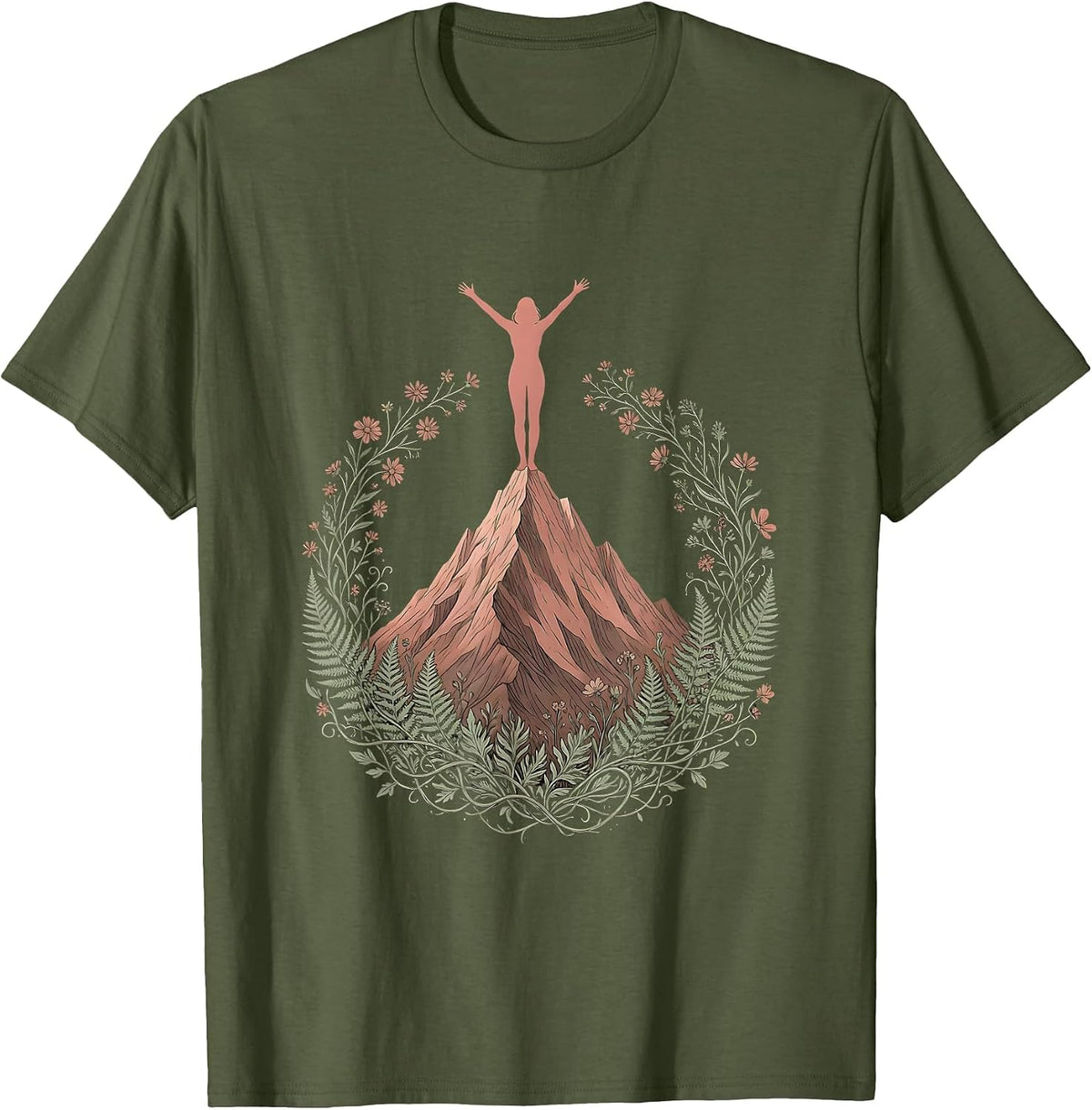 Solo Summit Climber Mountain Peak Illustration T-Shirt - Olive Green
