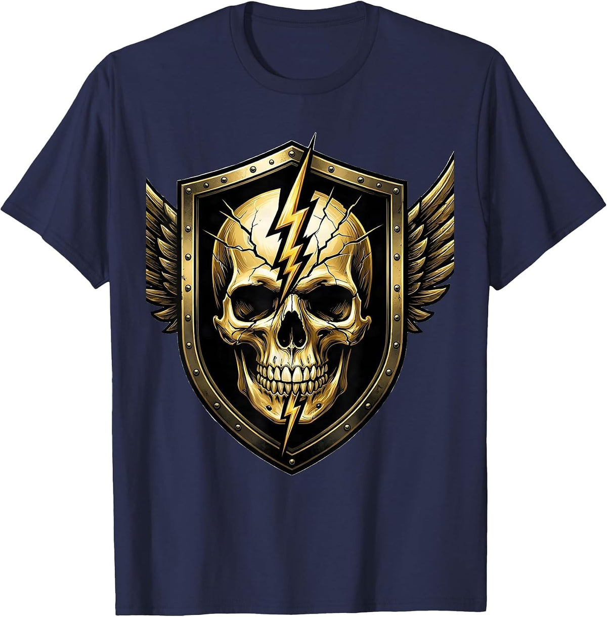 Lightning Bolt Skull Graphic Tee T-Shirt - Navy Blue