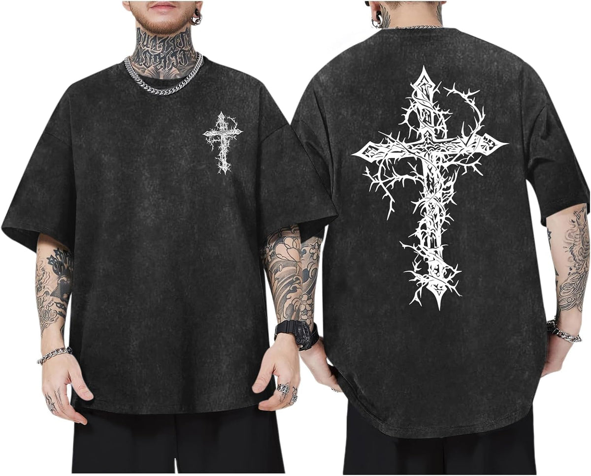 Men's Goth Shirt Oversized Acid Wash Grunge Shirts Gothic Cross Graphic Tees Vintage Streetwear Summer Tshirts - Black