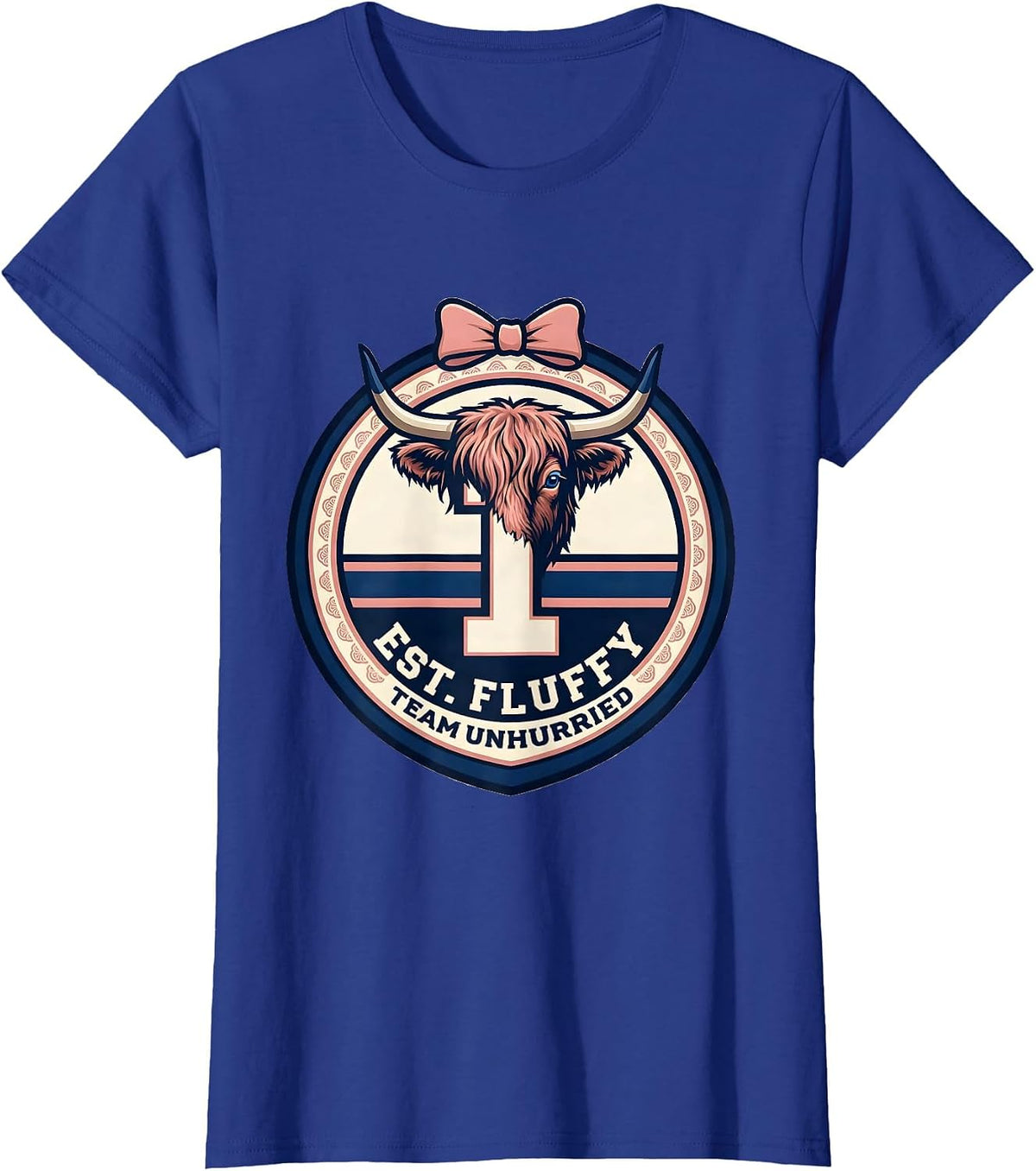 Women's Est. Fluffy Team Unhurried Funny Highland Cow Sassy Humor T-Shirt - Royal Blue