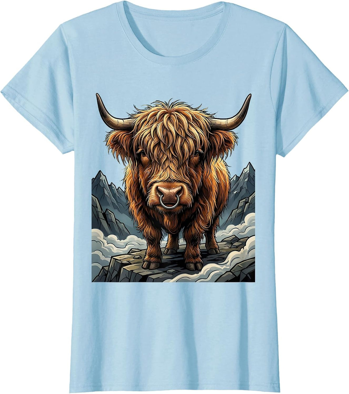 Highland Cow Misty Mountain Illustration T-Shirt - Baby Blue