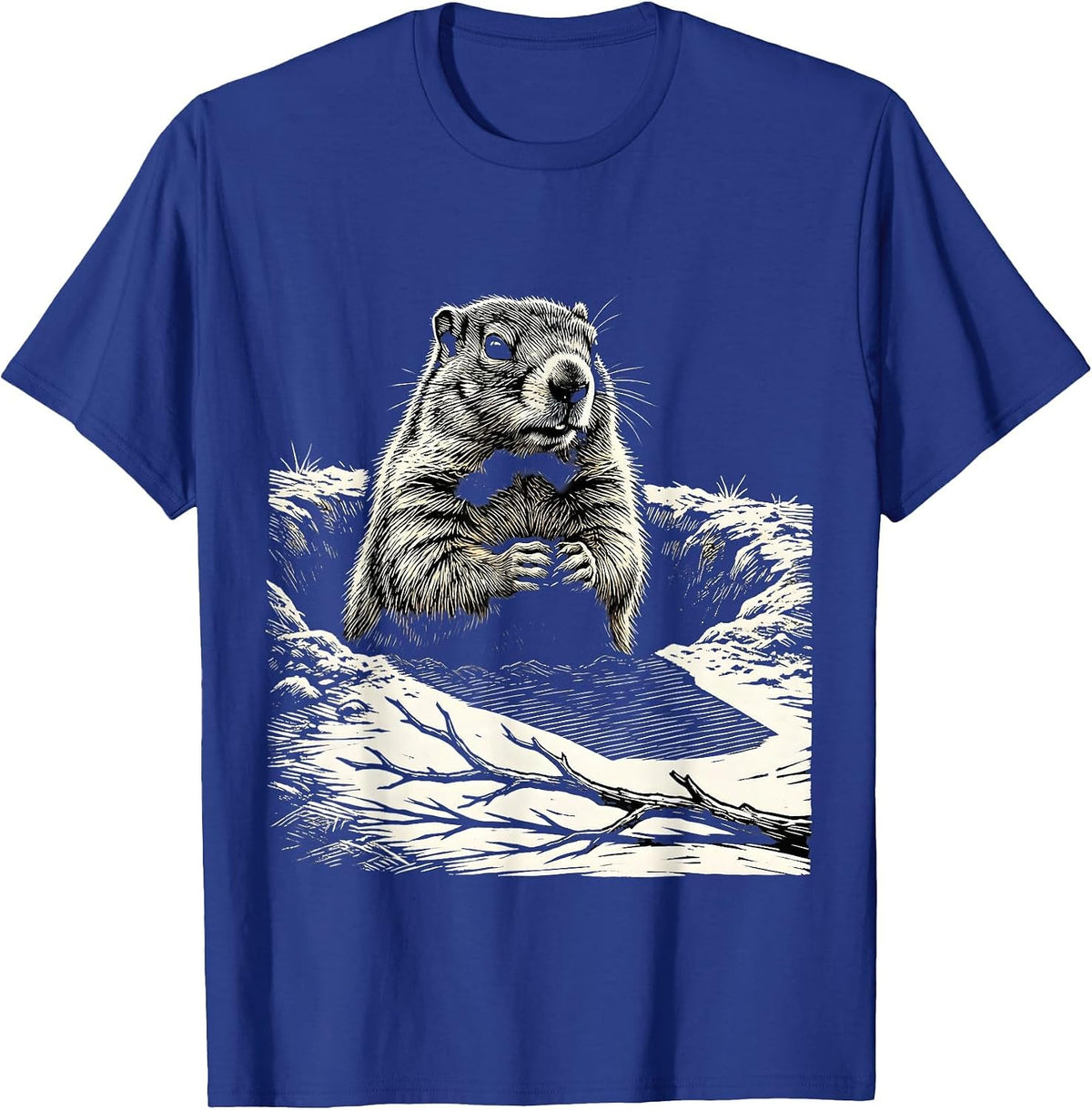 Groundhog Burrow Woodcut Funny Animal Humor T-Shirt - Royal Blue