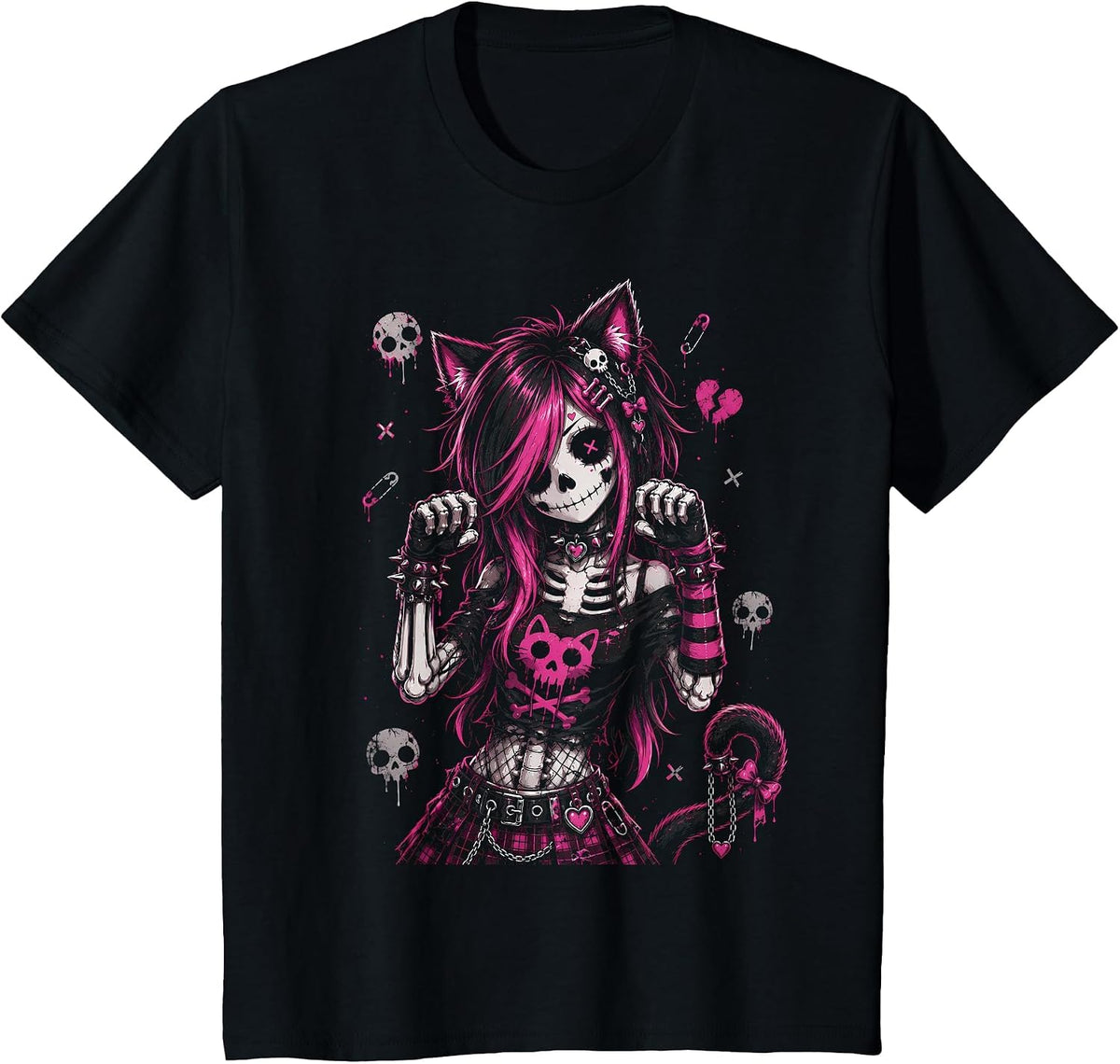 Emo Skeleton Cat Girl Pink Goth Aesthetic Rock Design T-Shirt - Black