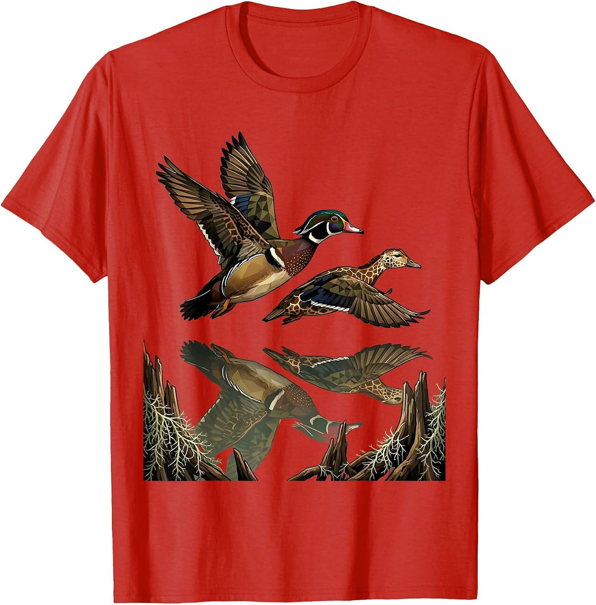 Men's Wood Duck Pair Bottomland Camo Waterfowl Design T-Shirt - Red