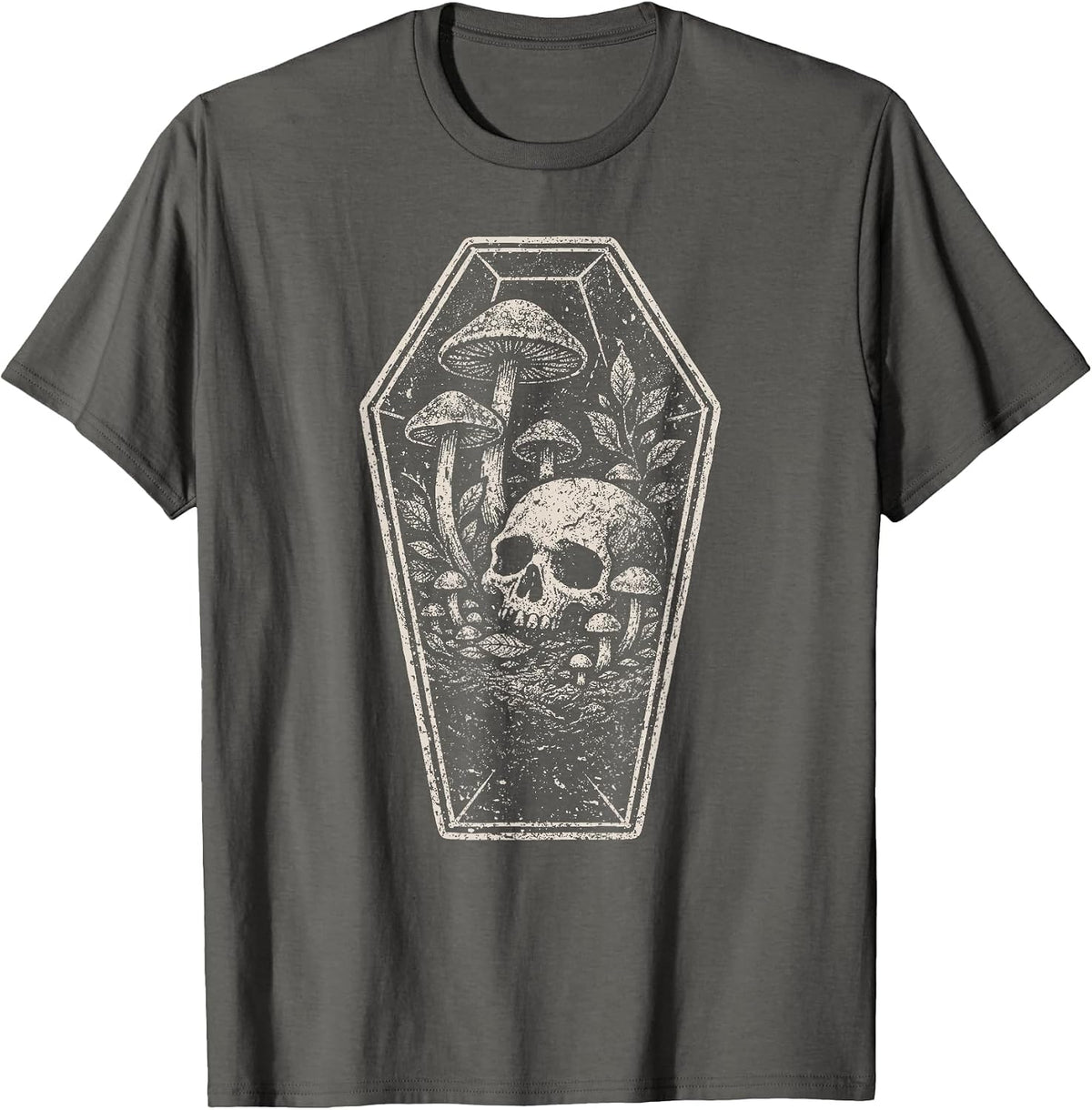 Skull Mushroom Grunge Skeleton Dark Coffin Forest Aesthetic T-Shirt - Asphalt Grey