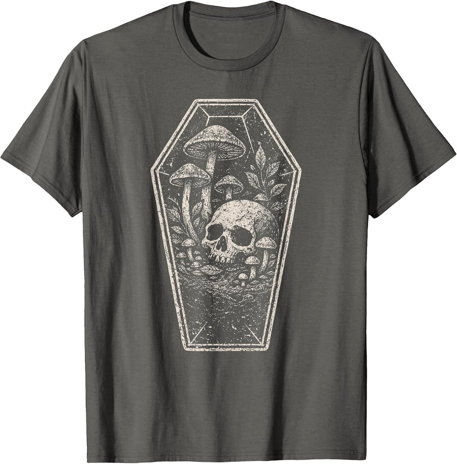 Skull Mushroom Grunge Skeleton Dark Coffin Forest Aesthetic T-Shirt - Asphalt Grey