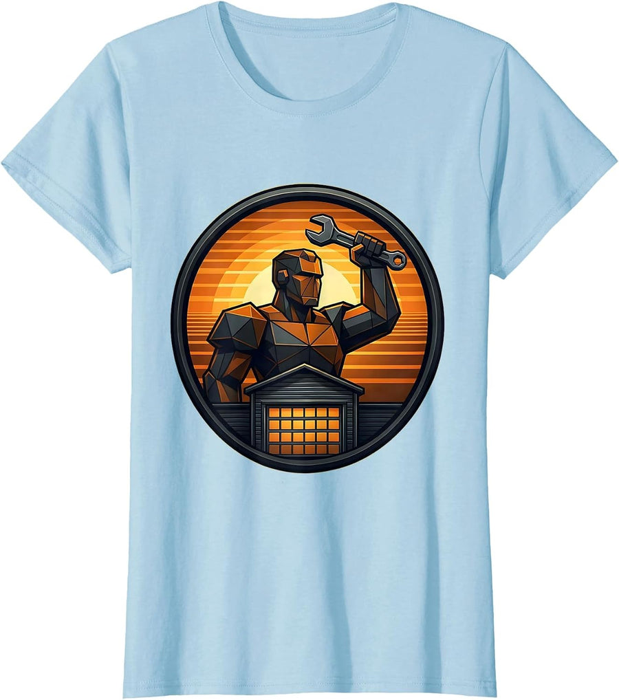 Women's Mechanic Silhouette Sunset Garage Graphic T-Shirt - Baby Blue