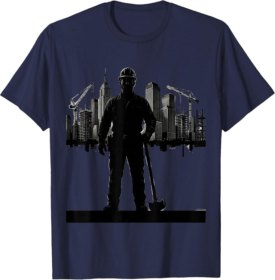 Construction Worker Silhouette City Skyline Graphic T-Shirt - Navy Blue
