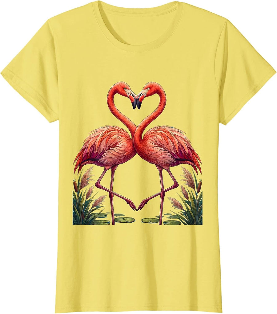Women's Flamingo Love Couple Romantic Beak to Beak Design T-Shirt - Lemon Yellow