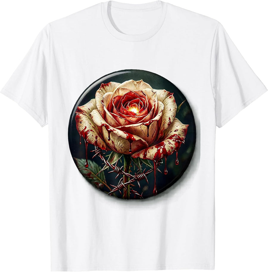 Men's Bleeding Thorned Rose Barbed Wire Dark Art T-Shirt - White