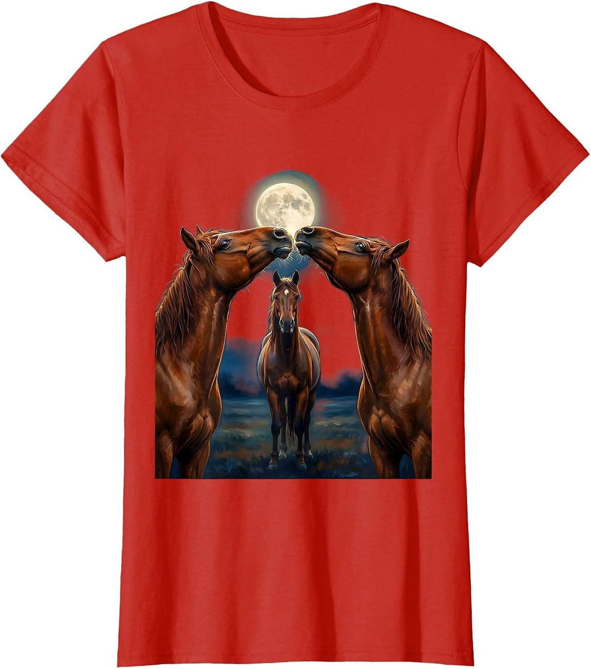 Women's Three Horses Howling At The Moon Funny Horse Lover T-Shirt - Red