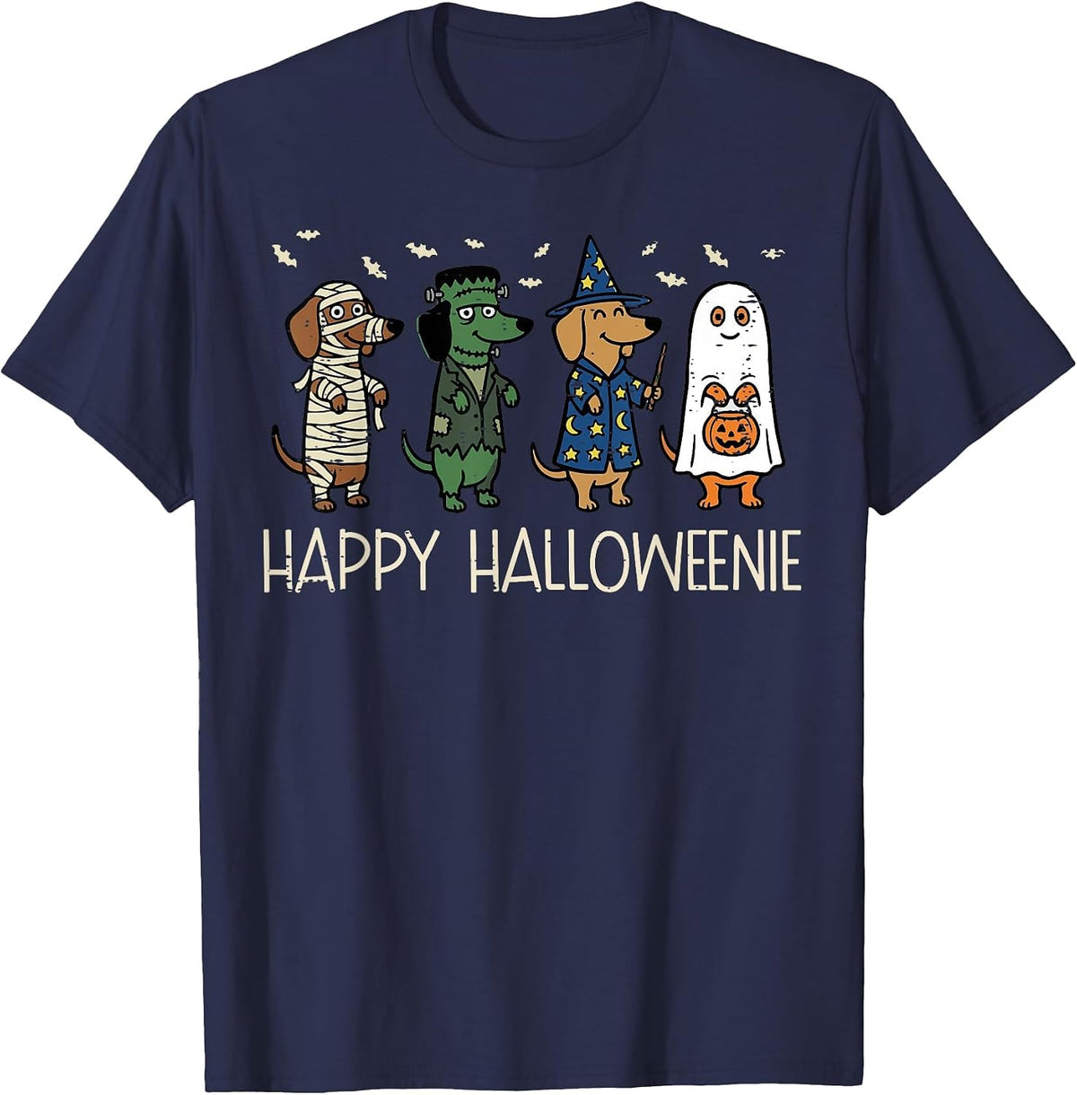 Happy Halloweenie Dogs Dachshunds Wiener Costume Men Women T-Shirt - Navy Blue