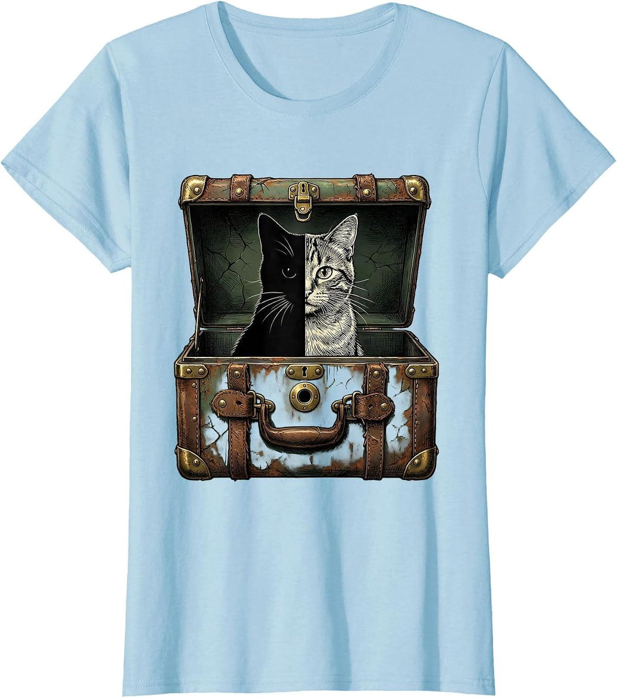 Worn Steamer Trunk Quantum Physics Cat Humor T-Shirt - Baby Blue