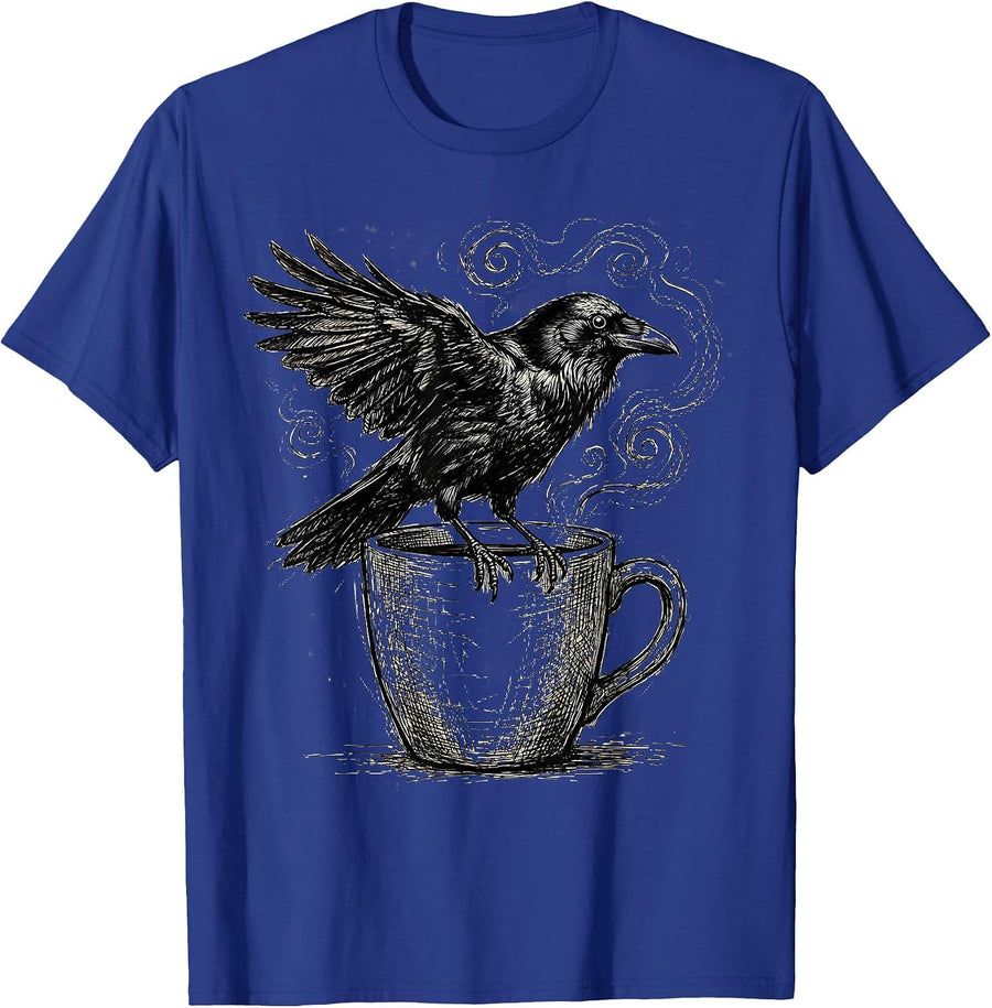 Crow Perched on Steaming Coffee Mug Illustration T-Shirt - Royal Blue