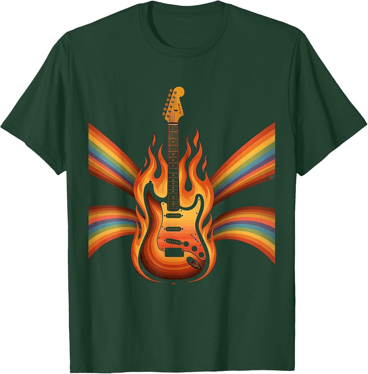 Men's Flaming Electric Guitar Rock Music Graphic T-Shirt - Dark Green