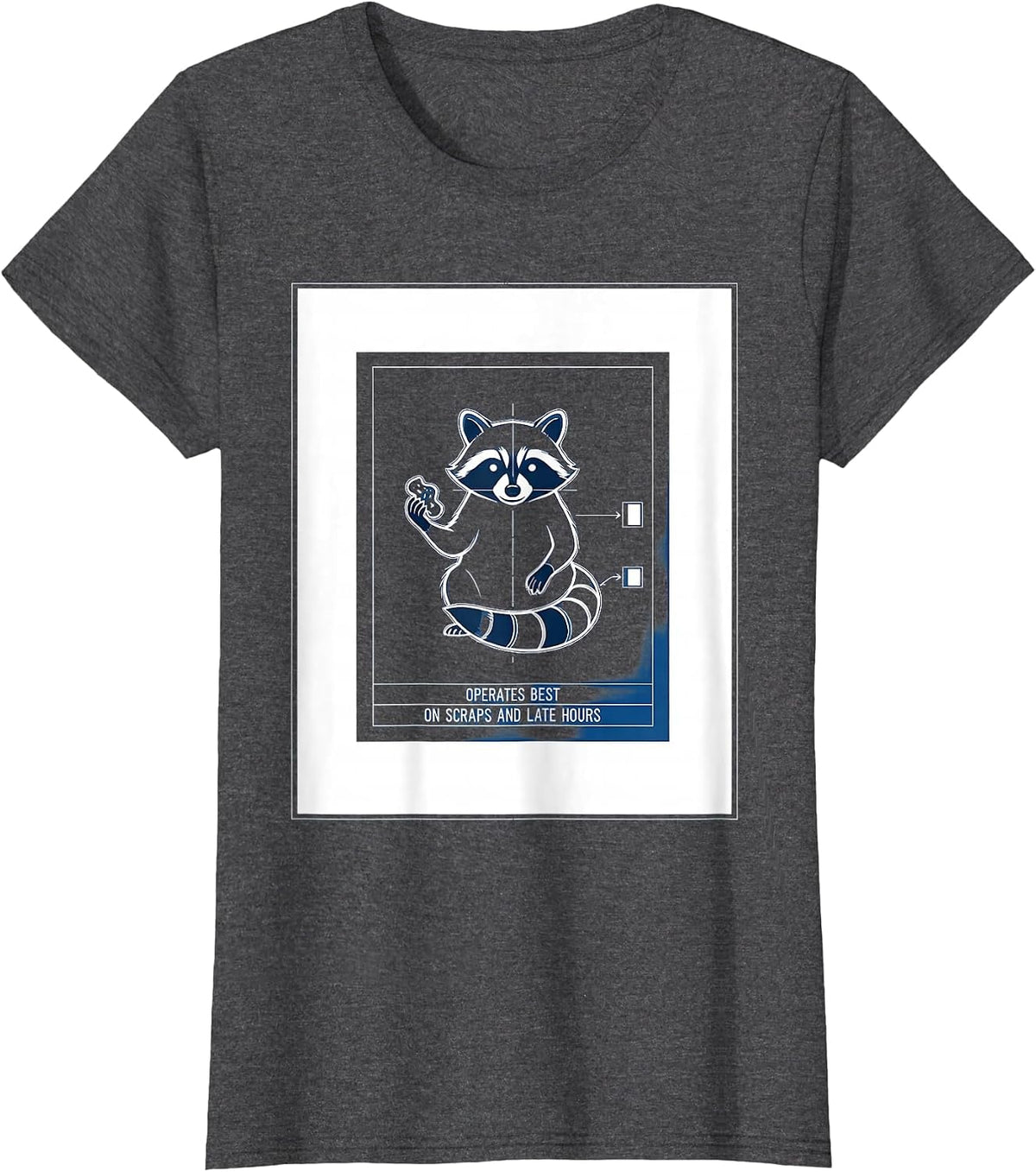 Women's Operates Best On Scraps And Late Hours Funny Raccoon Trash T-Shirt - Dark Heather Grey