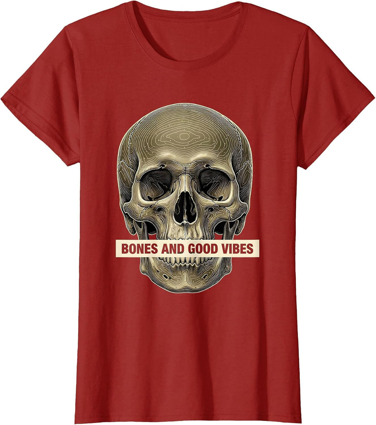 Women's Bones and Good Vibes Laid-Back Graphic Design T-Shirt - Cranberry Red