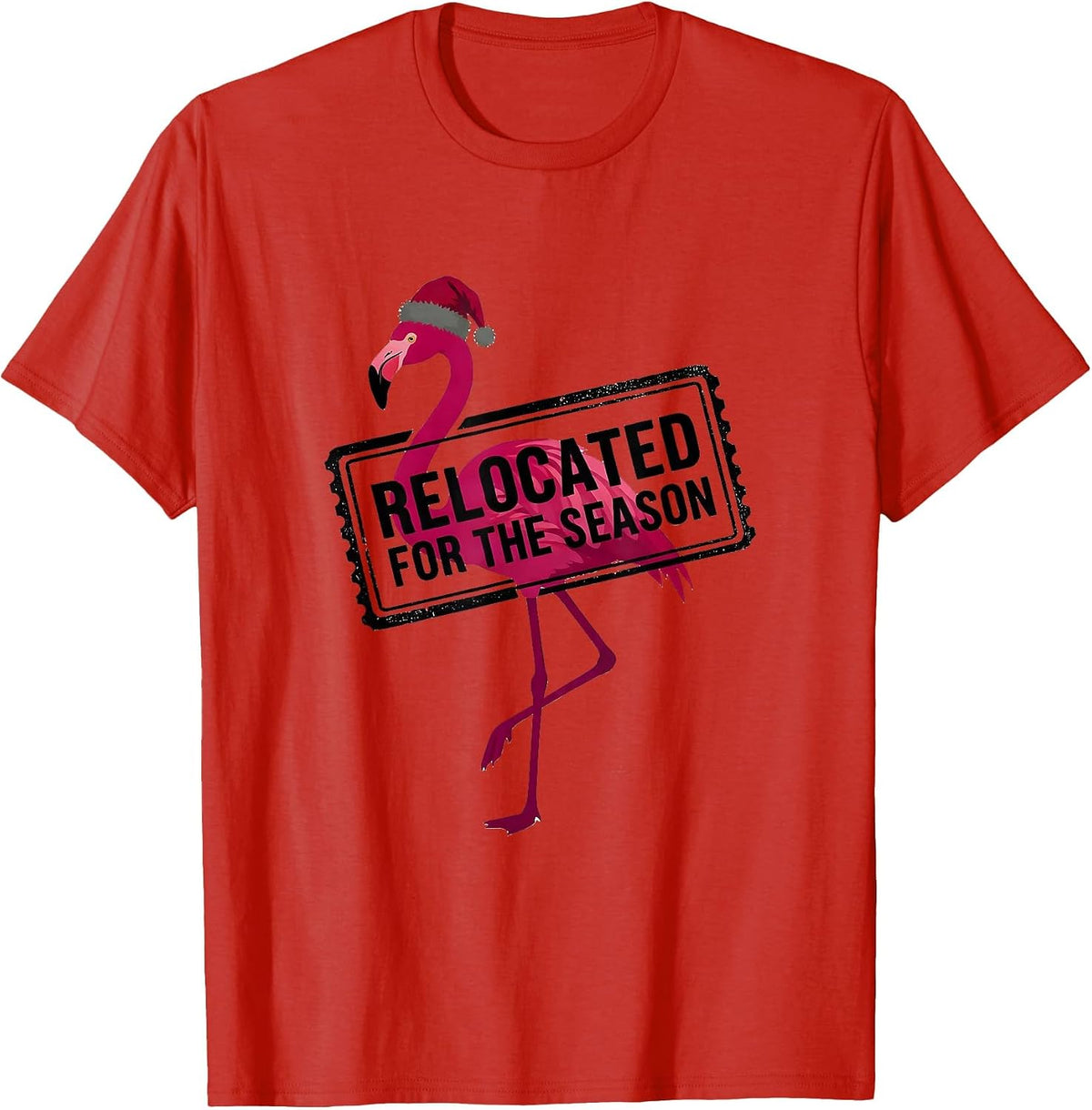 Men's Relocated For The Season Funny Pink Flamingo Santa Hat T-Shirt - Red