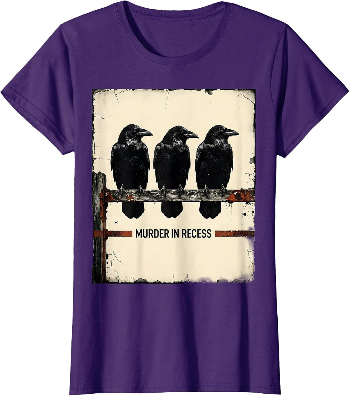 Women's Murder In Recess Distressed Crow Lover Bird Humor T-Shirt - Purple