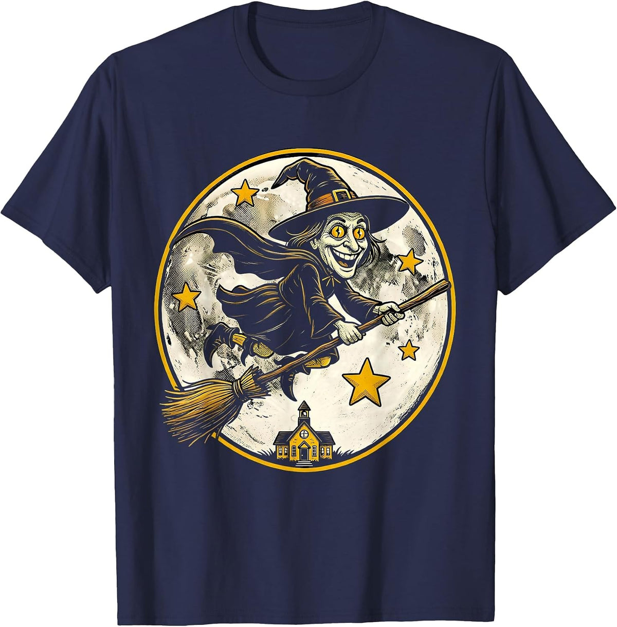 Halloween Teacher Witch Flying Over Schoolhouse T-Shirt - Navy Blue