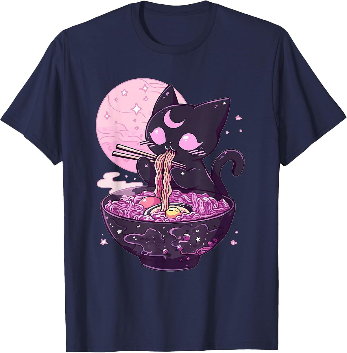 Pastel Goth Aesthetic Kawaii Creepy Cat Eating Ramen Noodles T-Shirt - Navy Blue
