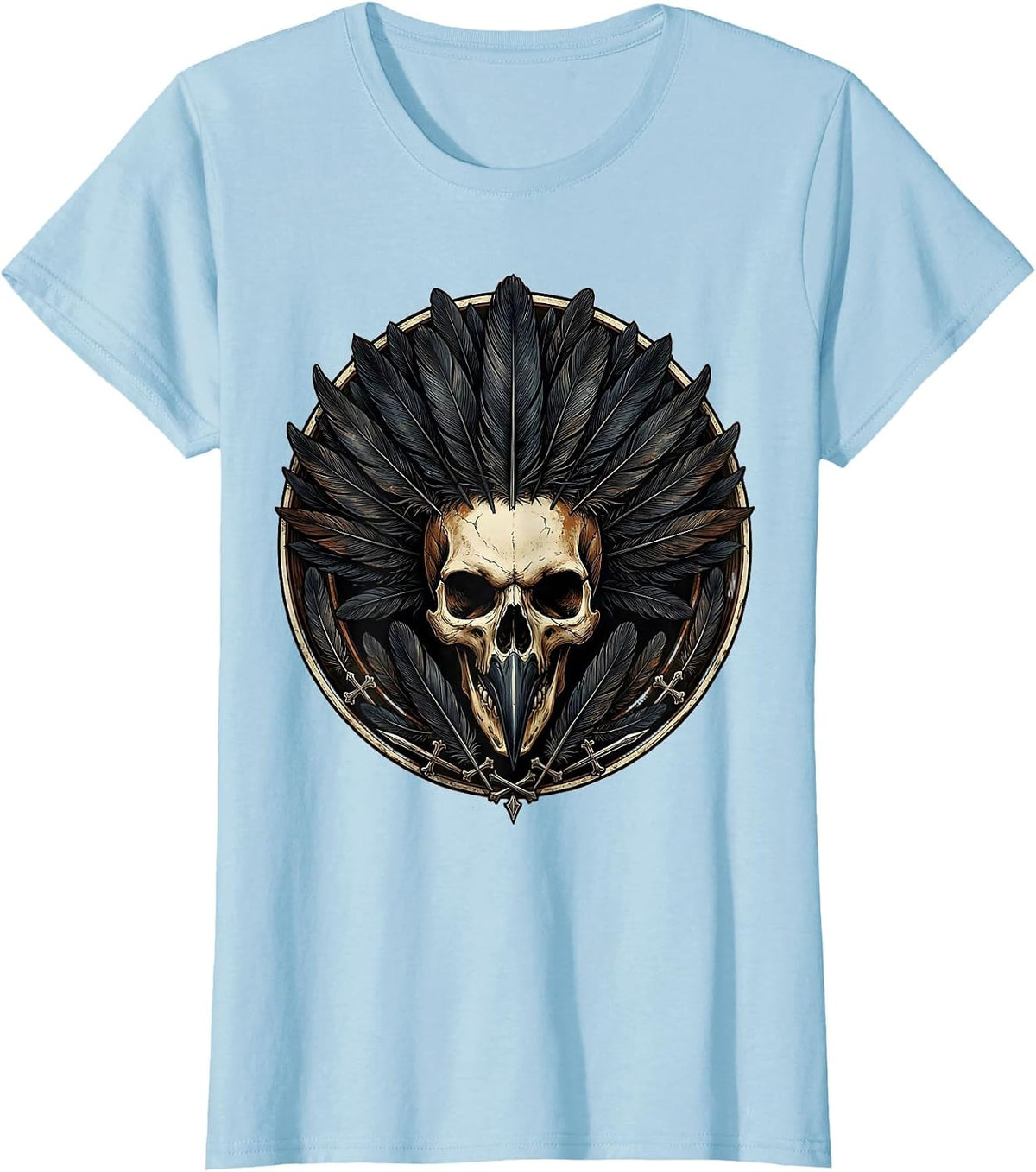 Women's Crow Skull Feather Crown Gothic Art Design T-Shirt - Baby Blue