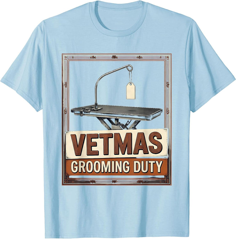 Men's Vetmas Grooming Duty Wood Type Letterpress Vet Tech T-Shirt - Baby Blue