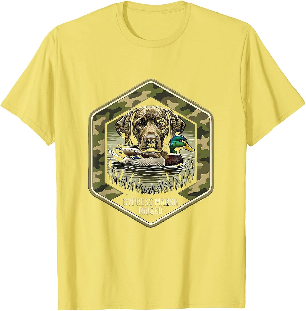 Men's Cypress Marsh Raised Hexagonal Badge Labrador Duck Hunting T-Shirt - Lemon Yellow